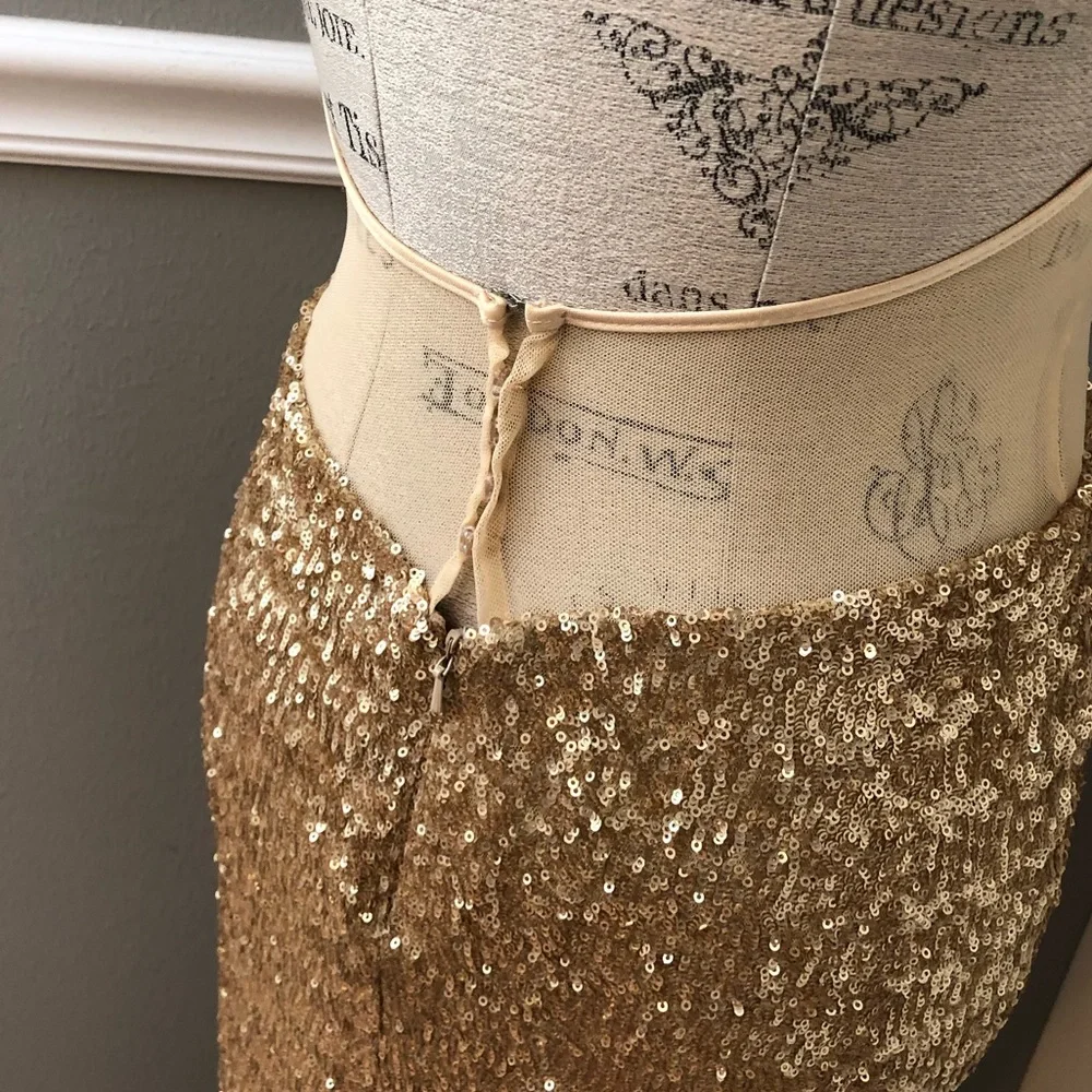 🔴CLEARANCE NEW FAVIANA SZ 4 GOLD NUDE ILLUSION SEQUIN STRAPLESS CUT OUT GOWN - Picture 8 of 12